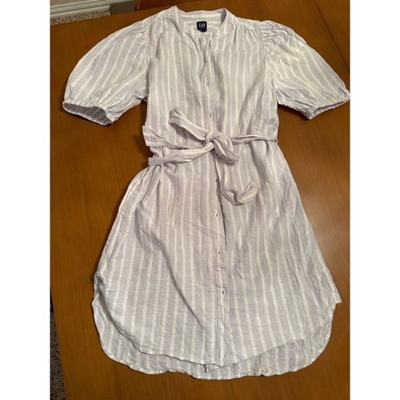 GAP Women's Striped Linen Blend Button Down Shirt Dress with Tie Belt Large Tall - Picture 1 of 6